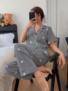 SHEIN 条纹爱心印花翻领短袖裤装女士睡衣套装 - 黑色 - 查看 6