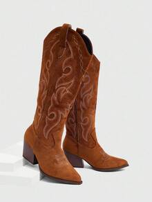 Daringsoles 新款复古刺绣粗跟防滑西部靴，拼接及膝尖头马靴，女式，秋冬