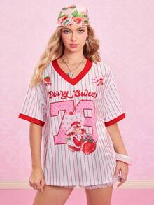 Strawberry Shortcake X SHEIN 女士可爱甜美条纹卡通图案短袖T恤，夏季 - 紅白色 - 查看 3