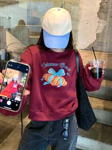 DAZY Women's Letter & Bow Print Crew Neck Long Sleeve Pullover Sweatshirt - Burgundy - View 6