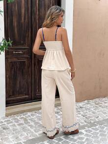 Serisse 2pcs Women's Vacation Casual Floral Embroidery Camisole And Pants Set Summer Blue Holiday Resort - Navy Blue - View 2