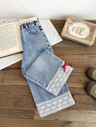 LMoss Kids Young Girl' Bow Trim Loose Fit Blue Denim Pants,Red 3D Bow, Fall Clothes,Winter Clothing , Casual And Fashionable Vacation Outfits,2000s Style  ,Christmas Clothing,Red Bow Denim Pants,Christmas Jeans,Vacation Bow Pants