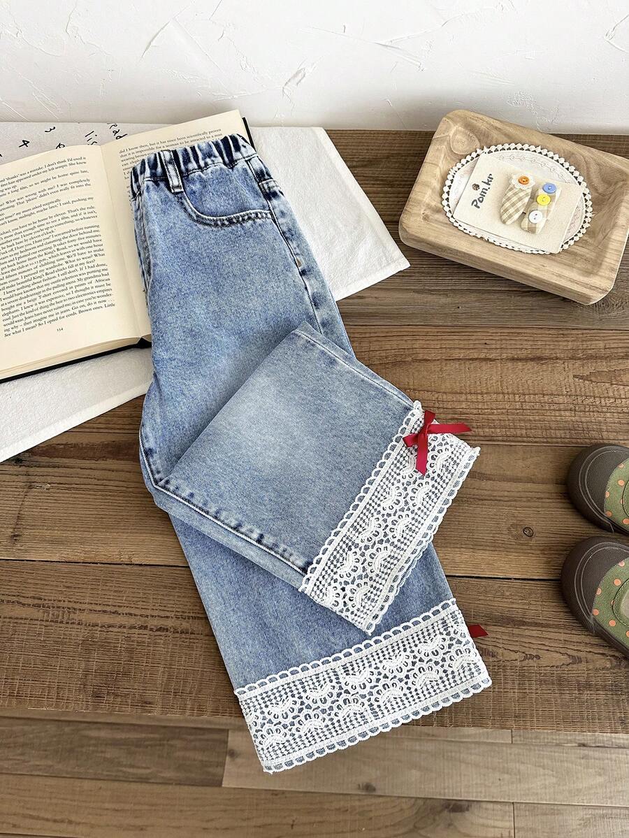 LMoss Kids Young Girl' Bow Trim Loose Fit Blue Denim Pants,Red 3D Bow, Fall Clothes,Winter Clothing , Casual And Fashionable Vacation Outfits,2000s Style  ,Christmas Clothing,Red Bow Denim Pants,Christmas Jeans,Vacation Bow Pants - Light Wash - View 1