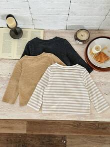 Pixure 3pcs Baby Boy Striped & Solid Color Crew Neck Long Sleeve Pullover Tops Set, Soft & Comfortable Basic Casual Wear For Home & Outdoor, Spring/Autumn - Multicolor - View 5