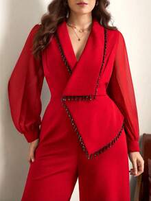 Chikora Mono de manga larga minimalista de color contrastante talla grande, para uso diario - Rojo - Ver 1