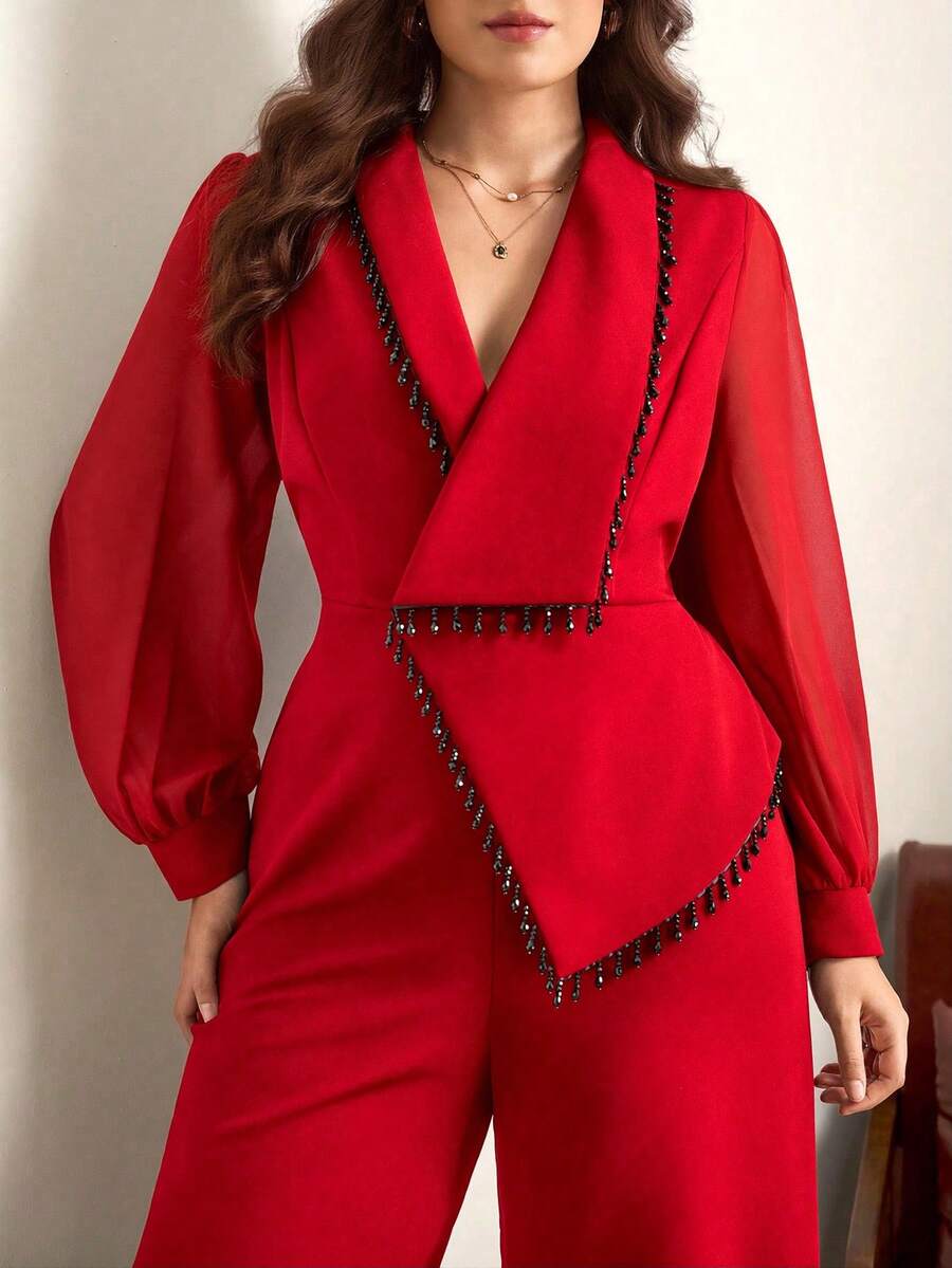 Chikora Mono de manga larga minimalista de color contrastante talla grande, para uso diario - Rojo - Ver 1