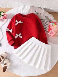 SHEIN Playful Pals 年轻女孩优雅甜美时尚休闲学院风撞色蝴蝶结抓绒卫衣和百褶迷你裙两件套，秋冬款 - 紅色 - 查看 5