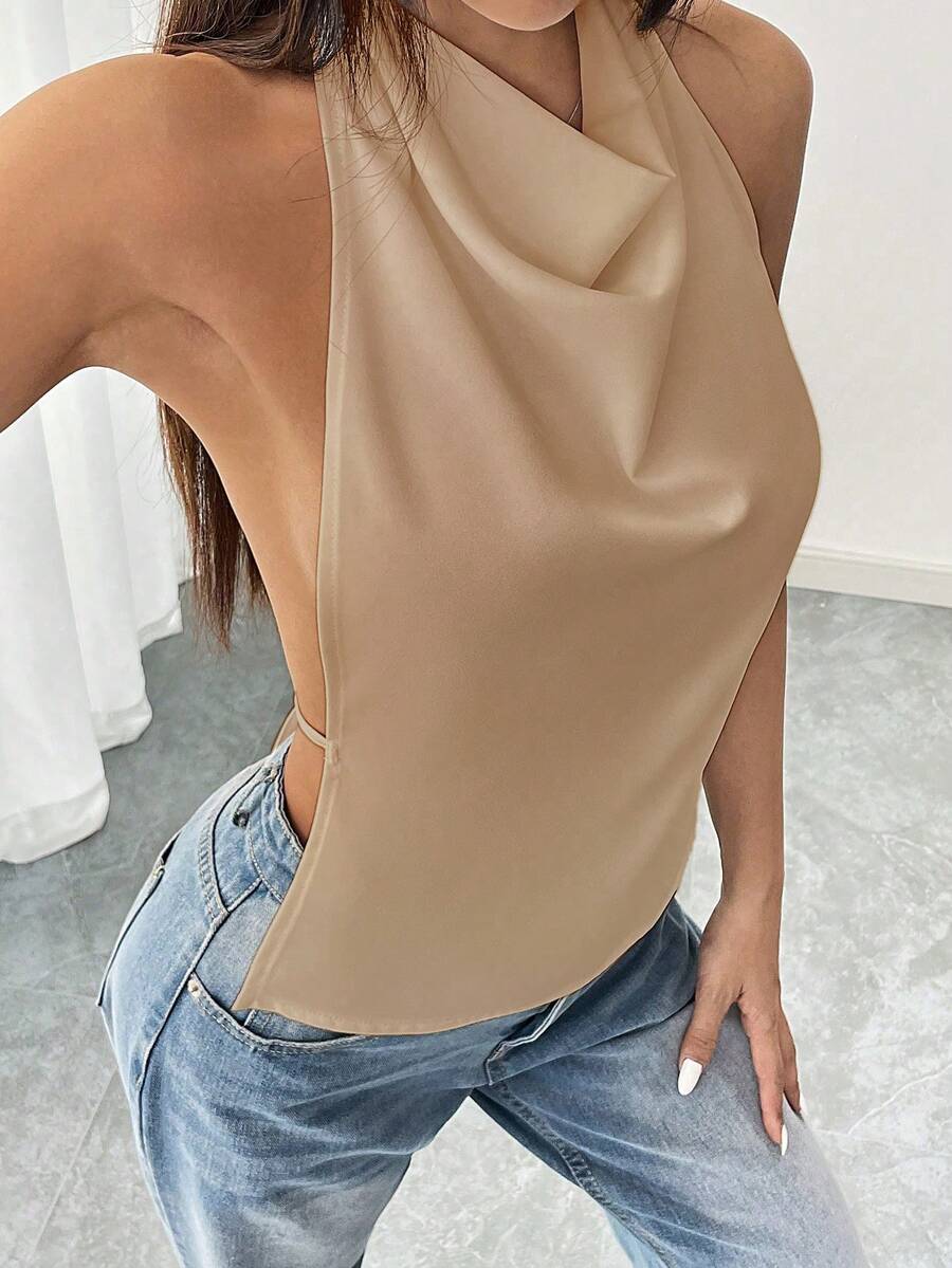 Flirla Áo ba lỗ hở lưng cổ yếm màu trơn tối giản dành cho nữ, mùa hè - Màu Khaki - Xem 1