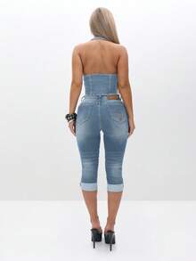 BABYPHAT Stretch Denim Capri Jeans With Turn Up Hems High Waisted Summer Casual Everyday Pants For Spring Festival Vacation - Light Wash - View 5