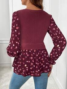 SHEIN Áo thun cho con bú cổ tròn tay dài họa tiết hoa chắp vá dành cho bà bầu - Màu Đỏ Sâu - Xem 2
