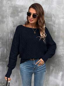SHEIN LUNE Áo len cổ thuyền rộng màu trơn đơn giản, dễ mặc hàng ngày dành cho nữ, Thu/Đông - Màu xanh hải quân - Xem 3