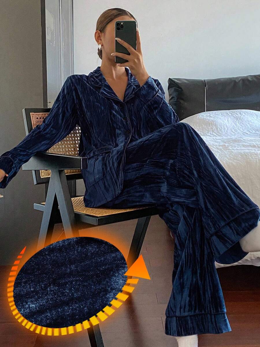 DAZY 2pcs Women Velvet Texture Glossy Loose Long Sleeve Pajama Set - Navy Blue - View 1