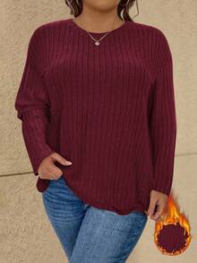 Vionelle 大码女式纯色圆领落肩长袖休闲罗纹T恤 - 酒紅色 - 查看 4