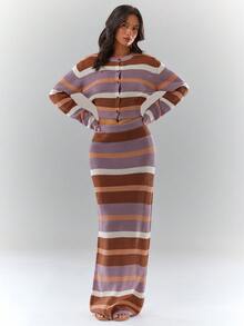 Glamine 女士休闲条纹落肩长袖针织开衫和针织半裙套装，秋冬款 - 紫色 - 查看 6