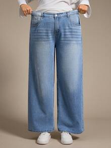 Auralis Quần Jeans Ống Rộng Màu Đen Dáng Rộng Cho Nữ Size Lớn - Rửa trung bình - Xem 6