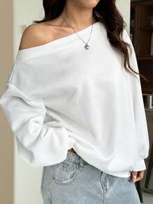 SHEIN EZwear 女士宽松斜肩保暖内衬卫衣，白色，秋冬 - 白色 - 查看 6