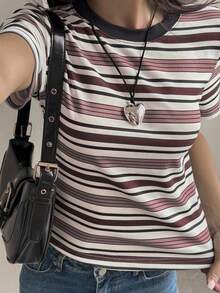 Livesso Áo thun nữ cổ tròn tay ngắn kẻ sọc thường ngày, mùa thu - Màu Đỏ Sâu - Xem 7