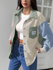 SHEIN EZwear 撞色落肩字母拼接灯芯绒外套罩衫夹克夏季短款夹克女式夹克街头风女装 - 彩色 - 查看 4