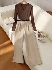 Franclia 2pcs Women's Elegant Fitted V-Neck Long Sleeve T-Shirt And Straight Leg Pants With Metal Belt, Commuter Outfit, Autumn Office Outfits For Women Set Pants Suit Elegantcasual Brown Set Women Elegant Jumpsuits - Brown - View 3