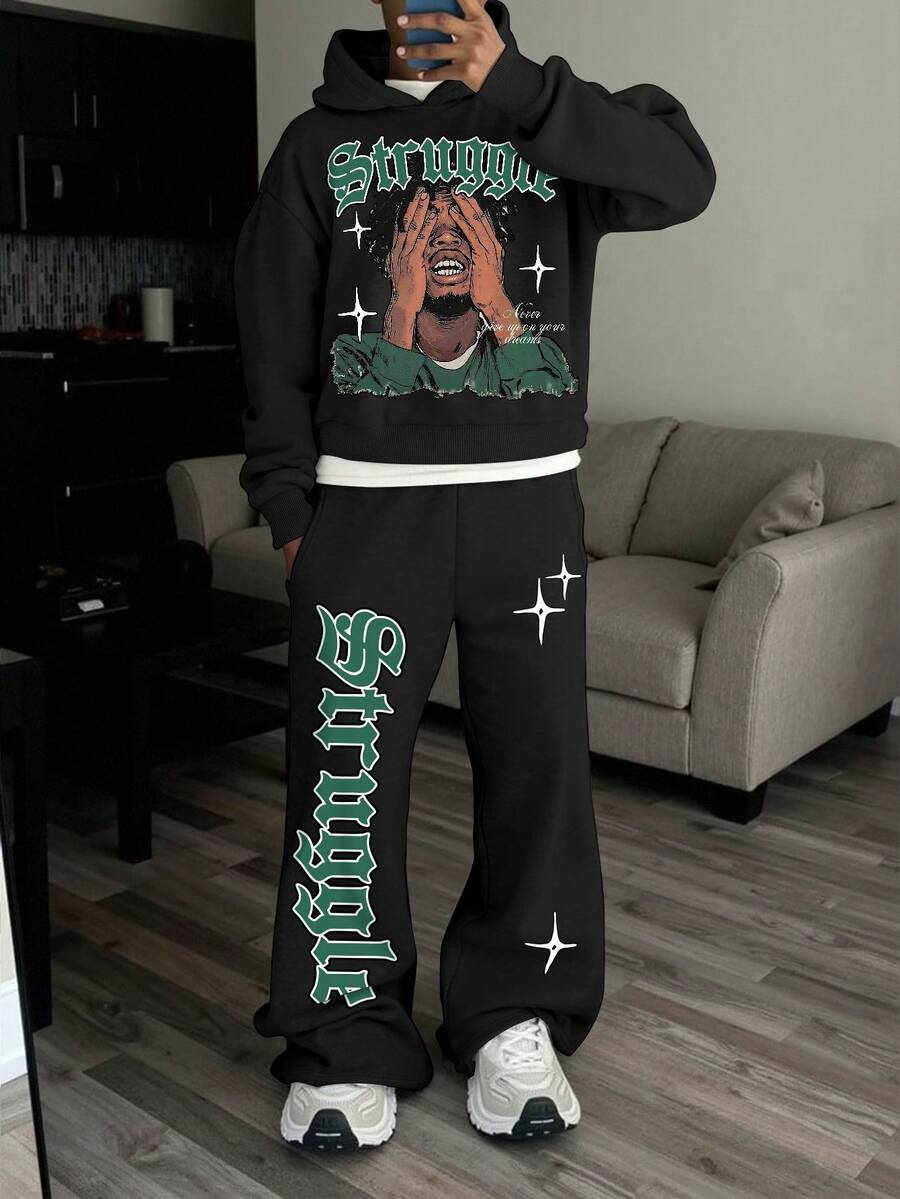 Manfinity EMRG 男士人像字母印花休闲街头风连帽衫和运动裤套装（2件套），秋季男装 - 黑色 - 查看 1