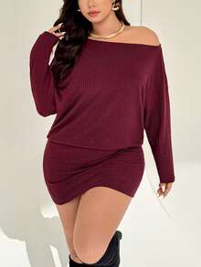 Auralis Women's Plus-Size Elegant Off-Shoulder Long-Sleeved Short Dress,Burgundy,Autumn,Smart Casual,Night Out Club Curve Outfits For Christmas & New Year - Red - View 7