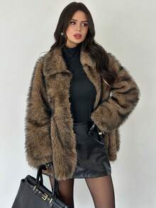 Firerie Women Elegant Autumn/Winter Fashionable Brown Gradient  Fluffy Faux Fur Jacket,Faux Fur Collar Coat/Fashionable Outerwear For Winter/Fall/Winter Street Fashion Faux Fur Jacket/Women's Winter Coat/Women's Winter Clothes/Autumn And Winter Fitted Fur Coat/Fall/Winter Fluffy Thick & Warm Loose Fit Long SleeveFaux Fur Coat For Women , Thanksgiving,Fox Fur Coat, Mid-Length Fur Jacket/Winter Clothes For Women, For Holidays, Daily Wear, Travel, Tea Party,Casual Wear For Autumn/Winter - Brown - View 5