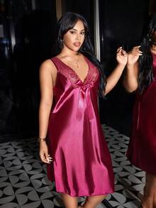 SilkySpell Plus Size Women's Wine Red Lace Patchwork Backless Sexy Criss-Cross Bow Decor Faux Silk Slip Dress - Burgundy - View 7