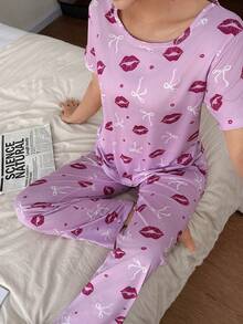 SHEIN 两件套性感少女粉色蝴蝶结和红色嘴唇印花短袖睡衣套装 - 彩色 - 查看 4