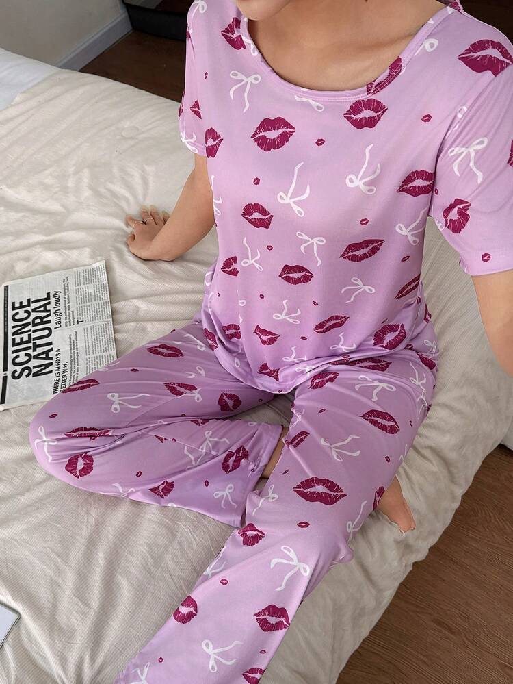 SHEIN 两件套性感少女粉色蝴蝶结和红色嘴唇印花短袖睡衣套装 - 彩色 - 查看 4