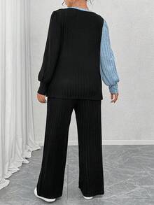 EMERY ROSE Conjunto de 2 piezas de ropa de estar en casa de talla grande, color negro, estilo casual elegante para otoño, con top de cuello redondo, manga larga, punto suave acanalado, diseño de bloques de color y patchwork asimétrico, y pantalones - Multicolor - Ver 2