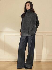 Dazy-Less 女士纯色高领蝙蝠袖短袖宽松休闲针织上衣，秋冬款 - 灰色 - 查看 3
