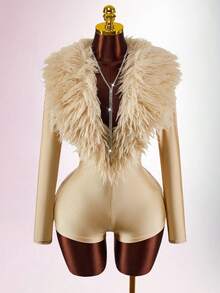 Amplova 女士毛绒连体衣，人造毛领拼接深V领长袖紧身连体裤 - 彩色 - 查看 3