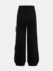 SHEIN 青少年女孩休闲日常黑色钩针装饰圆领长袖修身毛衣和钩针装饰裤子套装 - 黑色 - 查看 6