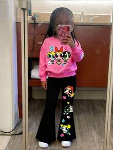 THE POWERPUFF GIRLS X SHEIN 2pcs/Set Young Girl Cute Cartoon Pattern Round Neck Drop Shoulder Long Sleeve Pink Sweatshirt And Black Flared Knit Casual Pants, Daily Wear - Pink - View 1