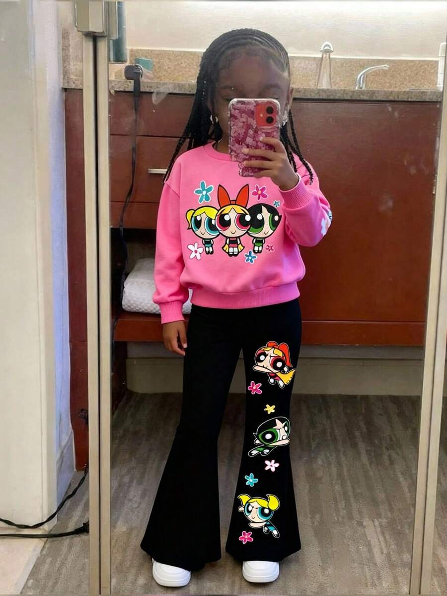 THE POWERPUFF GIRLS X SHEIN 2pcs/Set Young Girl Cute Cartoon Pattern Round Neck Drop Shoulder Long Sleeve Pink Sweatshirt And Black Flared Knit Casual Pants, Daily Wear - Pink - View 1