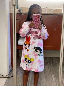 THE POWERPUFF GIRLS X SHEIN 少女甜美可爱扎染卡通图案圆领长袖针织连衣裙 - 粉色 - 查看 1