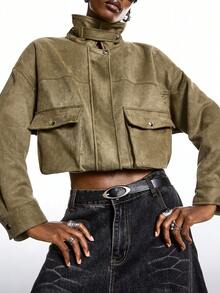 LYSMO 2025 Minimalist Winter Women's Women's Solid Color High Collar Zipper Pocket Casual Long Sleeve Regular Jacket , Winter For Women New Year Thanksgiving Stylish Collection - Green - View 3