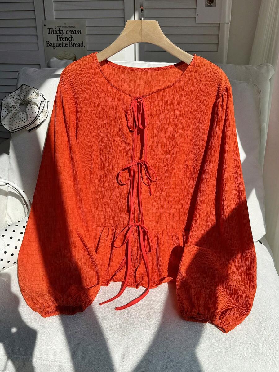 Comfortcana 大码女式橙色休闲衬衫，简约时尚，适合日常穿着 - 橘色 - 查看 1