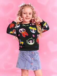 THE POWERPUFF GIRLS X SHEIN 小女孩卡通爱心花朵、泡泡、毛茛图案可爱长袖圆领卫衣
