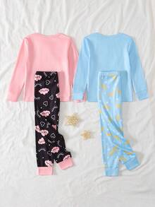 Bộ đồ ngủ vừa vặn cho bé gái, áo dài tay và quần legging, họa tiết hoạt hình hình mặt trăng, ngôi sao, đám mây dễ thương, làm từ vải mềm mại, thoải mái, thích hợp làm đồ mặc nhà cho trẻ em - Nhiều màu - Xem 2