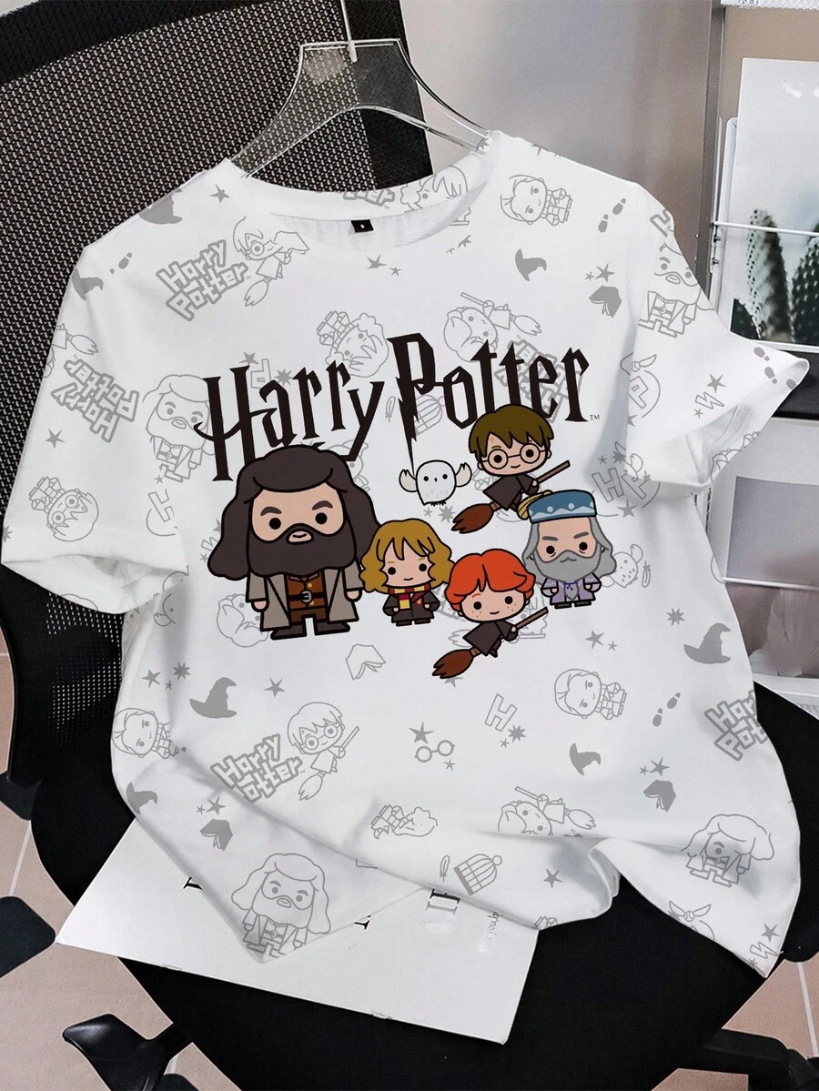 HARRY POTTER X SHEIN 女士休闲可爱卡通字母图案短袖T恤，夏季 - 白色 - 查看 1