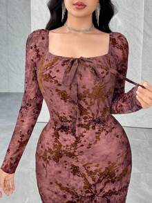 Modelyn Women's Solid Color Square Neck Fitted Elegant Long Sleeve Dress - Pink - View 5