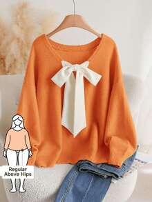 CosyJoli 大码休闲V领蝴蝶结系带宽松套头毛衣，春季/春假 - 橘色 - 查看 1