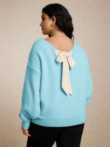CosyJoli 大码休闲V领蝴蝶结系带宽松套头毛衣 春季/春假/春季 - 薄荷藍 - 查看 4
