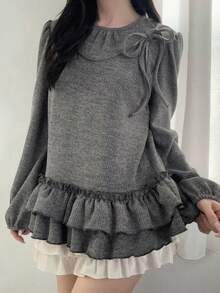 FRIFUL Áo thun nữ 2 trong 1, áo hai dây phối vải, áo khoác ngoài phối vải, áo thun ôm dáng ôm vừa vặn, kiểu dáng ngọt ngào, thường ngày, có nơ và bèo nhún. - Xám - Xem 6