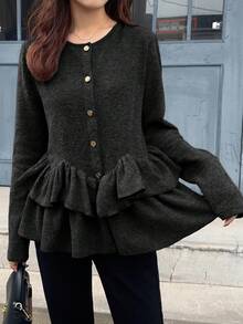 FRIFUL Women's Casual Solid Color Ruffle Hem Button Front T-Shirt, Autumn/Winter - Black - View 4