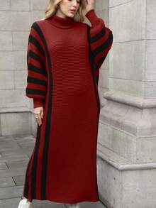 Juhart 大码女式纯色针织连衣裙，条纹袖口高领毛衣裙，适合圣诞节、万圣节、返校季、办公、度假等场合。 - 紅色 - 查看 6