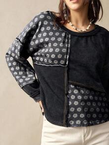 Bohemela 女士休闲针织拼接圆领宽松长袖卫衣，秋冬季 - 黑色 - 查看 2
