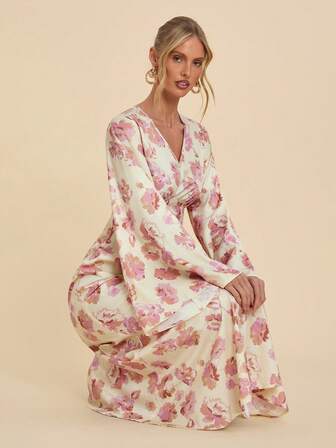 COSMINA Rochie lungă elegantă pentru femei, cu imprimeu floral, decolteu în V, mâneci tip liliac, și talie strânsă, potrivită pentru sărbători, întâlniri, adunări, rochie kimono, rochii cu mânecă lungă, rochie cu imprimeu floral, rochie lungă pentru femei, rochie înfășurată