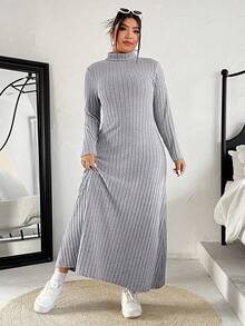 SHEIN EZwear 大码纯色休闲连衣裙，秋冬款 - 灰色 - 查看 3
